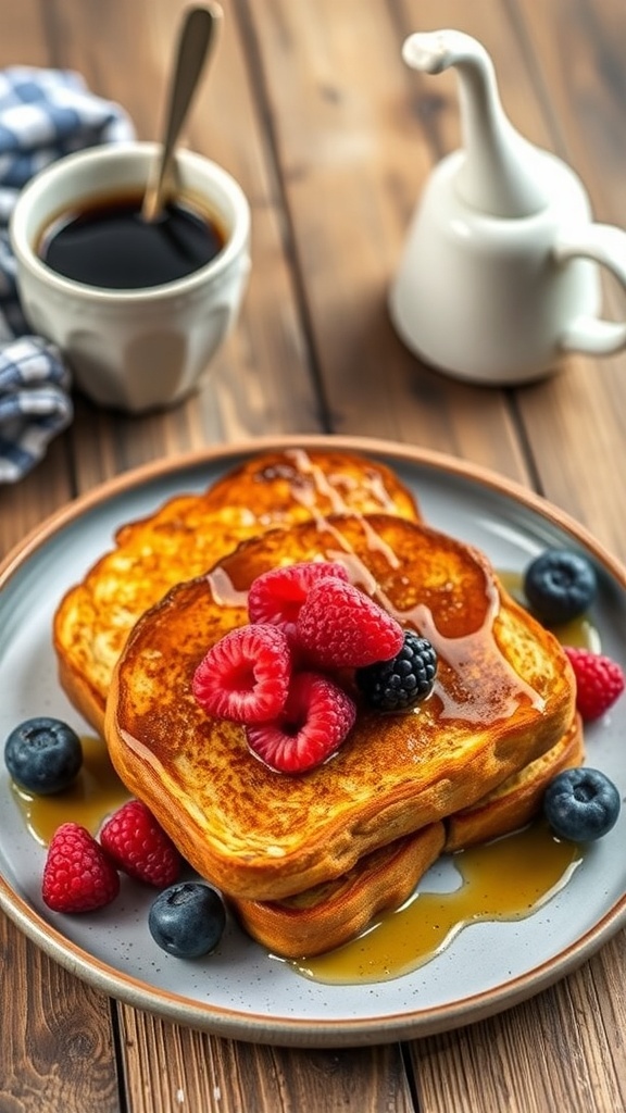 Vegan French toast slices topped with berries and maple syrup on a rustic table.